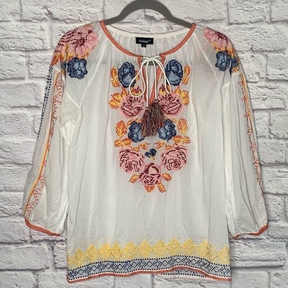 Tolani Floral Embroidered Tassel Tie Peasant Top - Picture 3 of 10